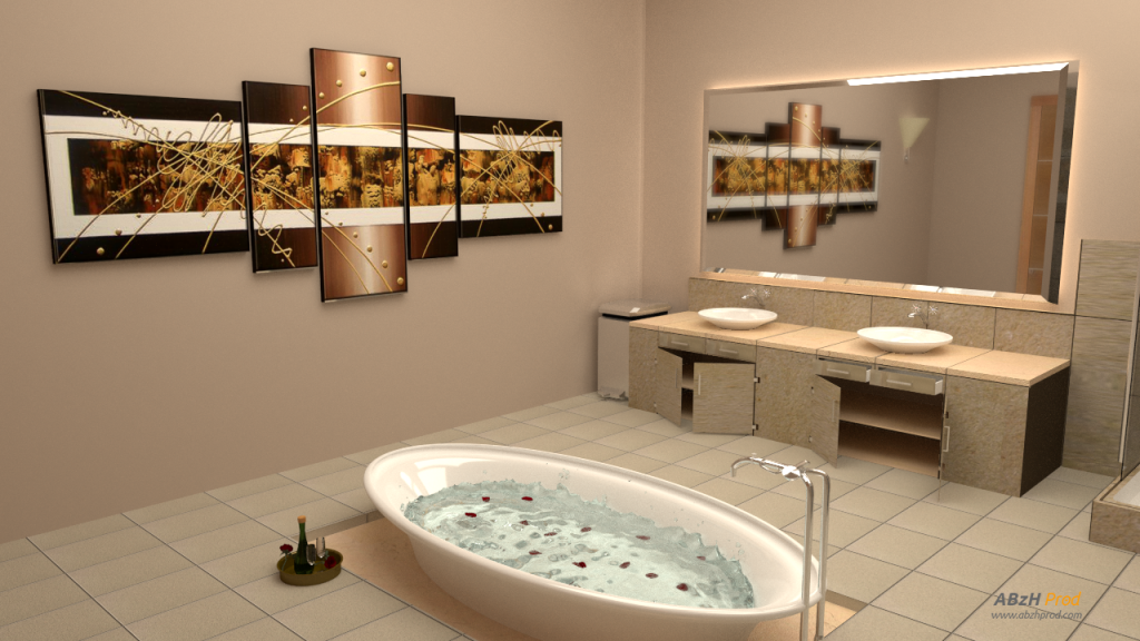 Animation d'une salle de bain et spa en 3D réalisée avec le logiciel Blender