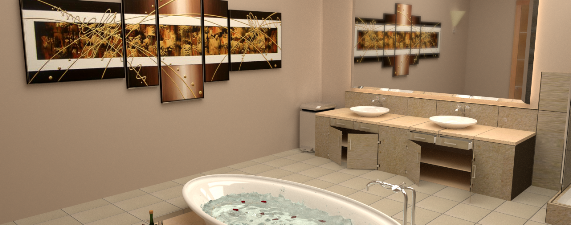 Modélisation et animation d'une salle de bain moderne design et spa en 3D - Architecture et Immobilier - ABzH Prod - Rendu 3D photoréaliste - Infographiste 3D Freelance