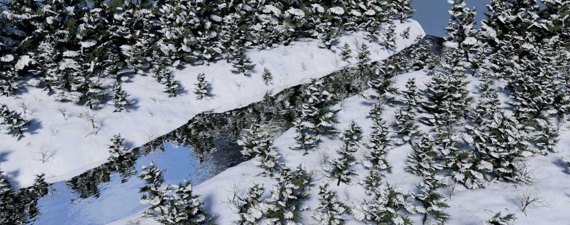 Animation d'une rivière en hiver en 3D réalisée avec le logiciel Blender - ABzH Prod - Animation 3D photoréaliste - Infographiste 3D Freelance