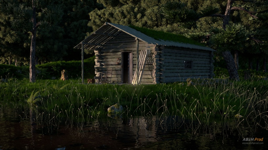 Modélisation et animation d'une cabane en forêt - ABzH Prod - Animation 3D photoréaliste - Infographiste 3D Freelance