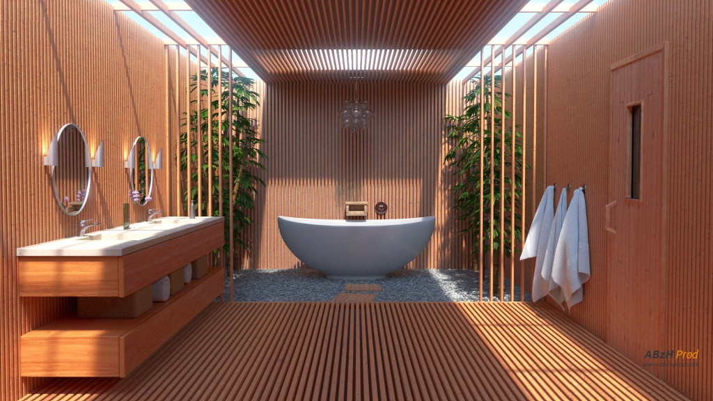 Modélisation et animation d'une salle de bain zen moderne - ABzH Prod - Animation 3D photoréaliste - Infographiste 3D Freelance