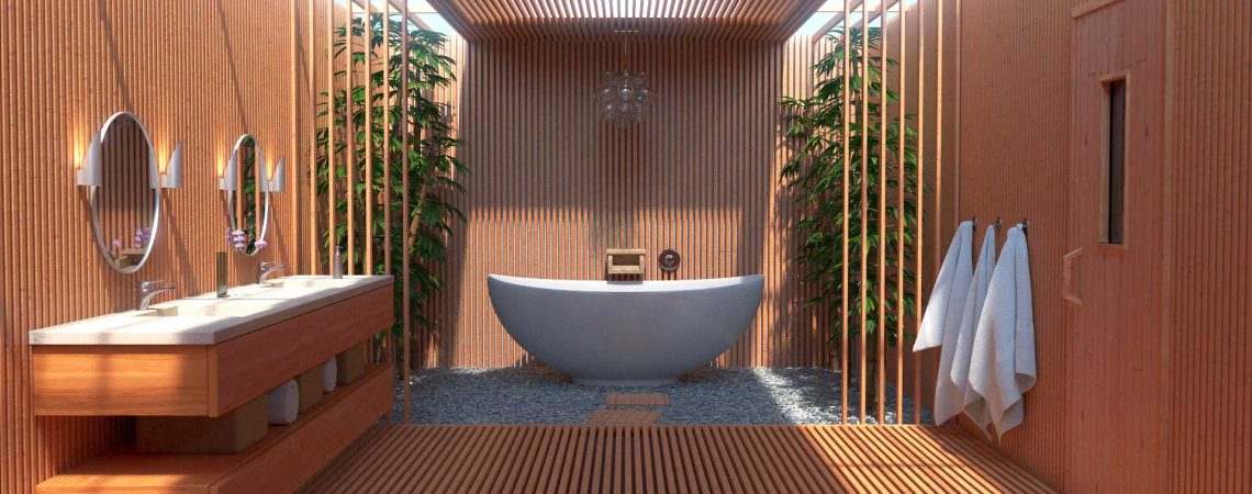 Modélisation et animation d'une salle de bain zen moderne - Architecture et Immobilier - ABzH Prod - 3D photo-réaliste - Infographiste 3D Freelance